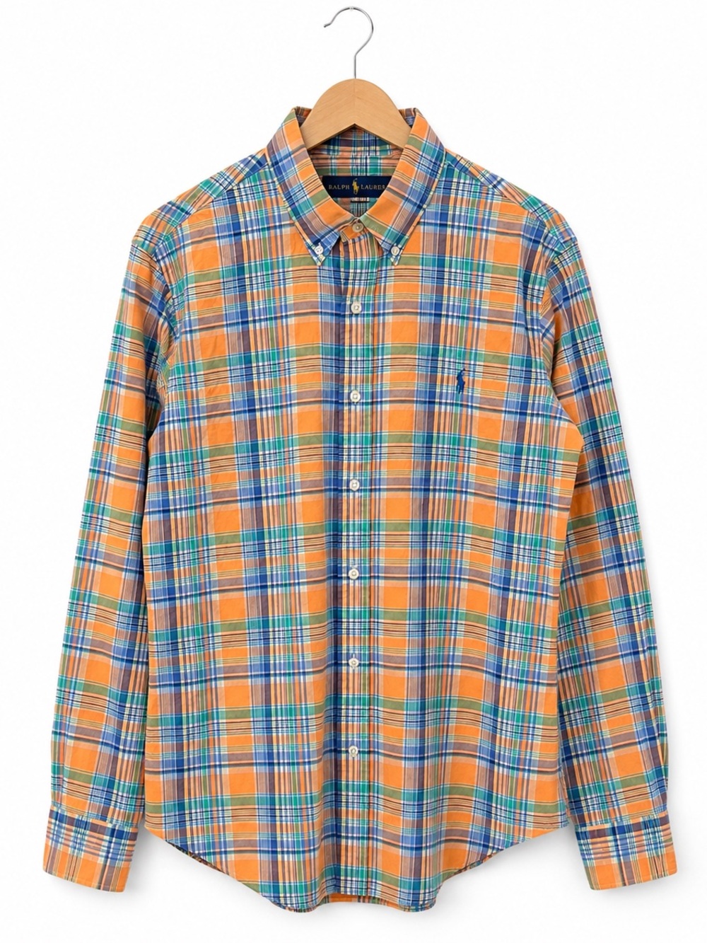 Ralph Lauren Orange Plaid Button Down Shirt Medium Cotton Stretch Casual M